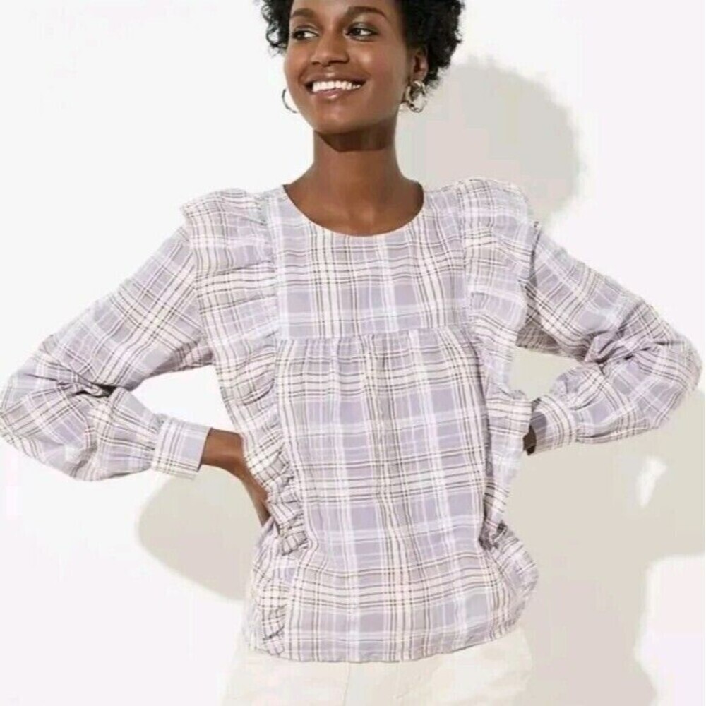 Ann Taylor‎ LOFT Lavender Plaid Ruffle Cropped Blouse Size Small